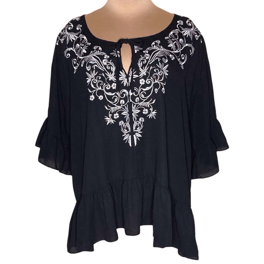 Ariat | Black Sheer Embroidered Ruffled Blouse XL